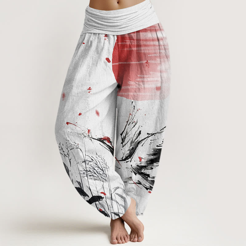 Pantalones bombachos de cintura elástica para mujer, de algodón, estilo casual, con estampado de grullas y junco de corona roja, de Buddha Stones Cotton. - Blanco fantasma - US22，UK/AU26，EU54 (6XL) - image 0