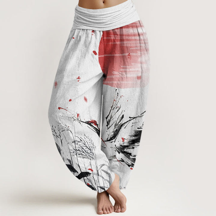 Pantalones bombachos de cintura elástica para mujer, de algodón, estilo casual, con estampado de grullas y junco de corona roja, de Buddha Stones Cotton. - Blanco fantasma - US22，UK/AU26，EU54 (6XL) - image 0