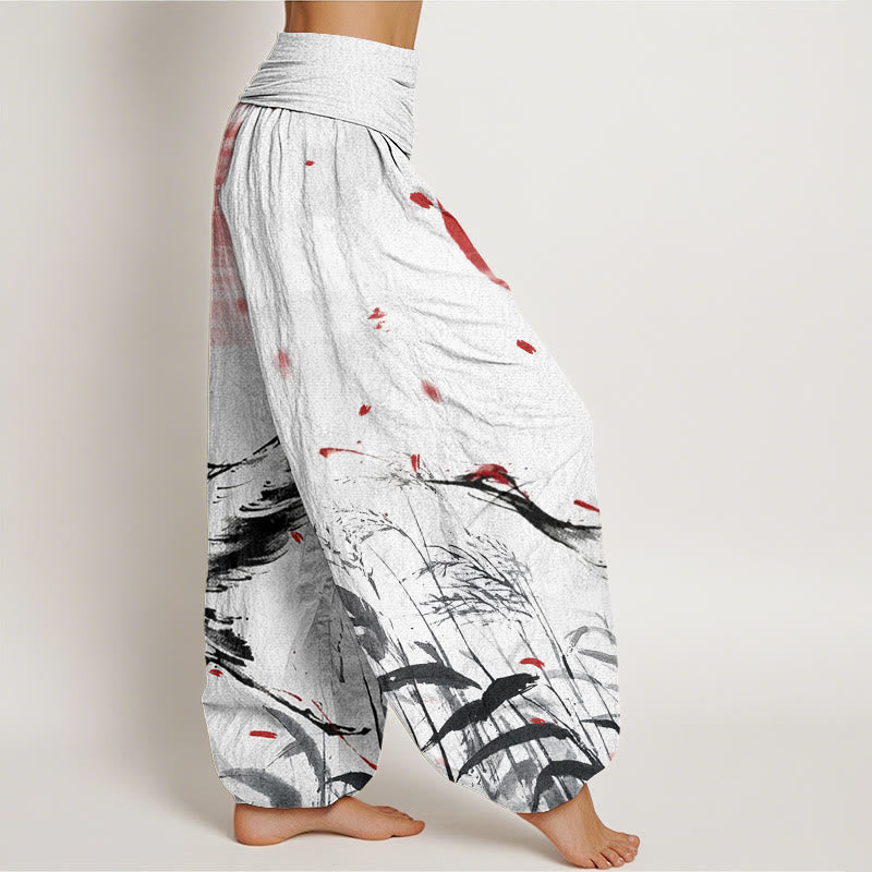 Pantalones bombachos de cintura elástica para mujer, de algodón, estilo casual, con estampado de grullas y junco de corona roja, de Buddha Stones Cotton. - image 2