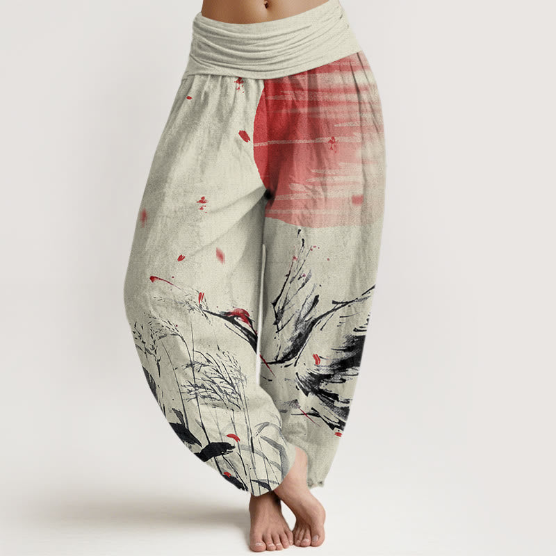 Pantalones bombachos de cintura elástica para mujer, de algodón, estilo casual, con estampado de grullas y junco de corona roja, de Buddha Stones Cotton. - Vara de oro pálida - US22，UK/AU26，EU54 (6XL) - image 7