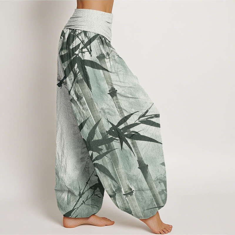 Pantalones bombachos de cintura elástica para mujer, de algodón, estilo informal, con estampado de hojas de bambú y libélulas, con Buddha Stones. - image 2