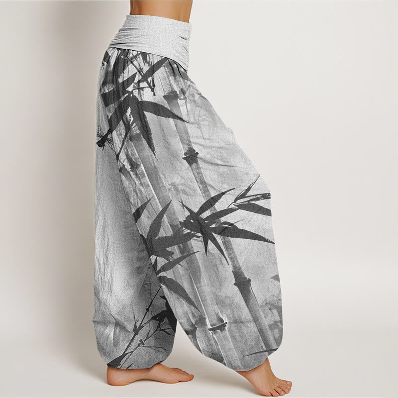 Pantalones bombachos de cintura elástica para mujer, de algodón, estilo informal, con estampado de hojas de bambú y libélulas, con Buddha Stones. - image 6