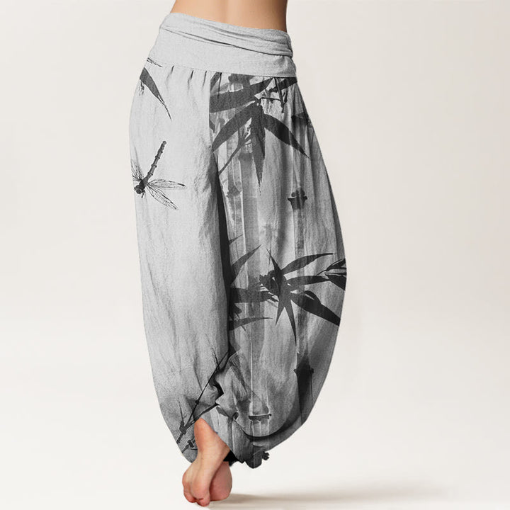 Pantalones bombachos de cintura elástica para mujer, de algodón, estilo informal, con estampado de hojas de bambú y libélulas, con Buddha Stones. - image 5