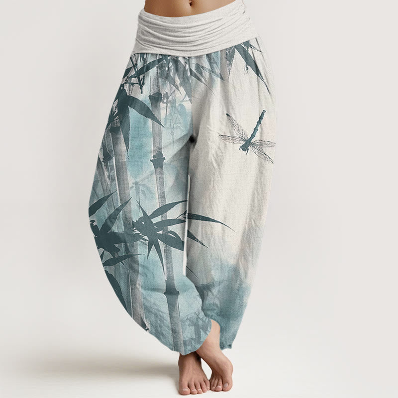 Pantalones bombachos de cintura elástica para mujer, de algodón, estilo informal, con estampado de hojas de bambú y libélulas, con Buddha Stones. - Lino - US22，UK/AU26，EU54 (6XL) - image 7