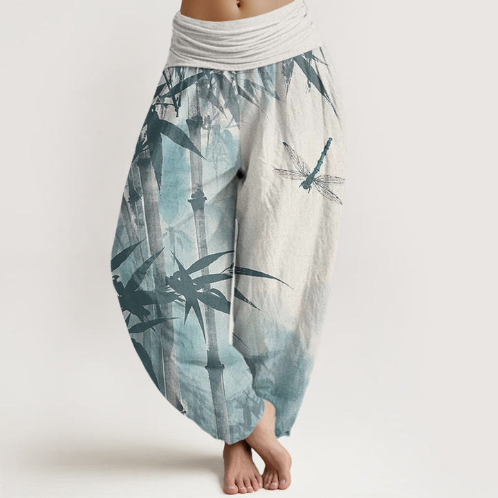 Pantalones bombachos de cintura elástica para mujer, de algodón, estilo informal, con estampado de hojas de bambú y libélulas, con Buddha Stones. - Lino - US22，UK/AU26，EU54 (6XL) - image 7