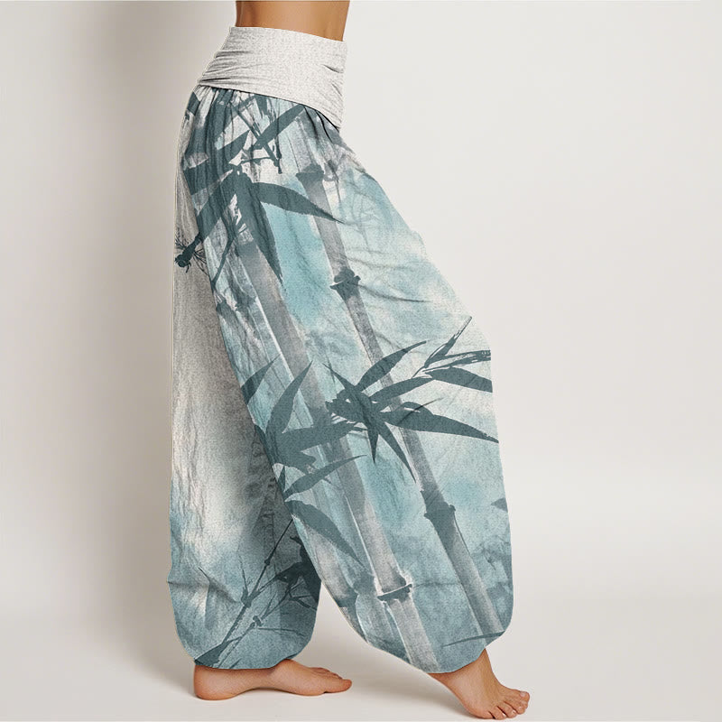 Pantalones bombachos de cintura elástica para mujer, de algodón, estilo informal, con estampado de hojas de bambú y libélulas, con Buddha Stones. - image 9