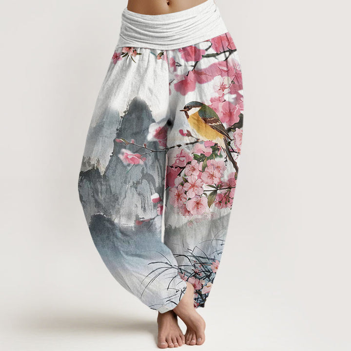 Pantalones bombachos de cintura elástica para mujer con estampado de Buddha Stones, pájaros, flores de cerezo y montañas. - Gris - US22，UK/AU26，EU54 (6XL) - image 0