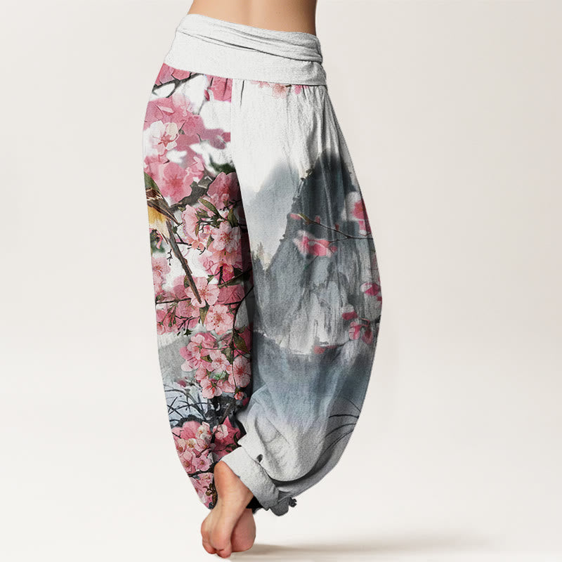 Pantalones bombachos de cintura elástica para mujer con estampado de Buddha Stones, pájaros, flores de cerezo y montañas. - image 1