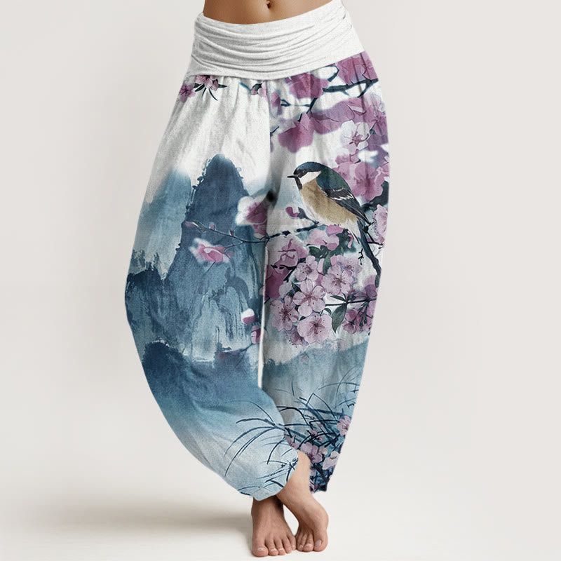 Pantalones bombachos de cintura elástica para mujer con estampado de Buddha Stones, pájaros, flores de cerezo y montañas. - Azul medio - US22，UK/AU26，EU54 (6XL) - image 4