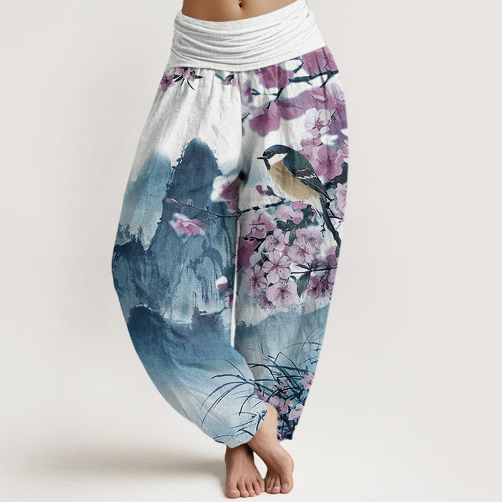 Pantalones bombachos de cintura elástica para mujer con estampado de Buddha Stones, pájaros, flores de cerezo y montañas. - Azul medio - US22，UK/AU26，EU54 (6XL) - image 4