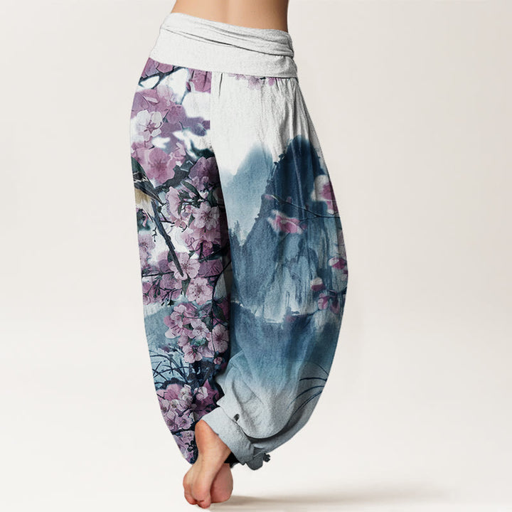 Pantalones bombachos de cintura elástica para mujer con estampado de Buddha Stones, pájaros, flores de cerezo y montañas. - image 5