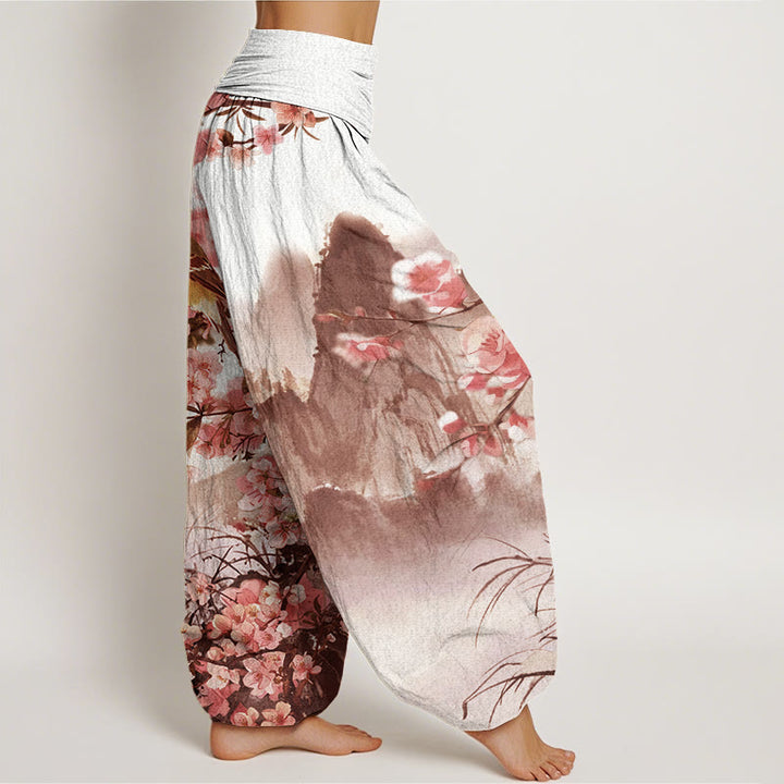 Pantalones bombachos de cintura elástica para mujer con estampado de Buddha Stones, pájaros, flores de cerezo y montañas. - image 9