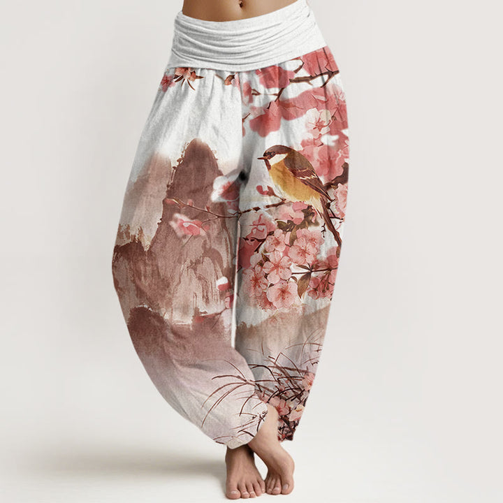 Pantalones bombachos de cintura elástica para mujer con estampado de Buddha Stones, pájaros, flores de cerezo y montañas. - Coral claro - US22，UK/AU26，EU54 (6XL) - image 7