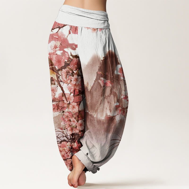 Pantalones bombachos de cintura elástica para mujer con estampado de Buddha Stones, pájaros, flores de cerezo y montañas. - image 8
