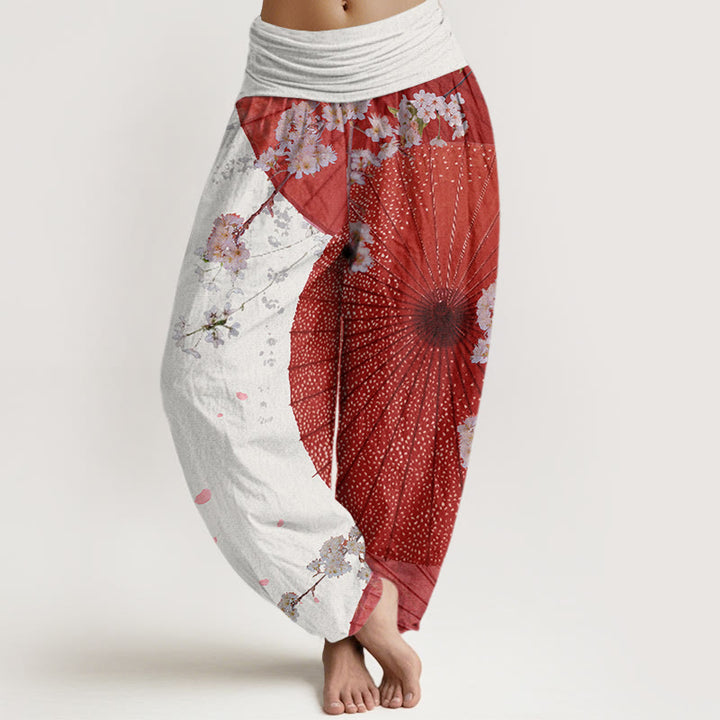 Pantalones bombachos de cintura elástica para mujer, estilo informal, de algodón rojo con estampado de flores de Buddha Stones y paraguas de papel aceitado rojo. - Blanco fantasma - US22，UK/AU26，EU54 (6XL) - image 4
