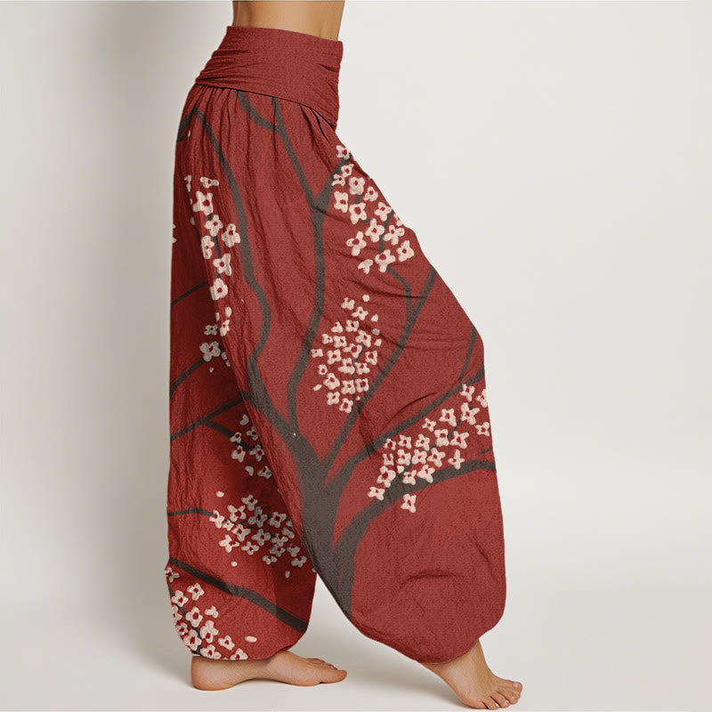 Pantalones bombachos de cintura elástica para mujer, de algodón con estampado de flores de ciruelo y Buddha Stones. - image 2