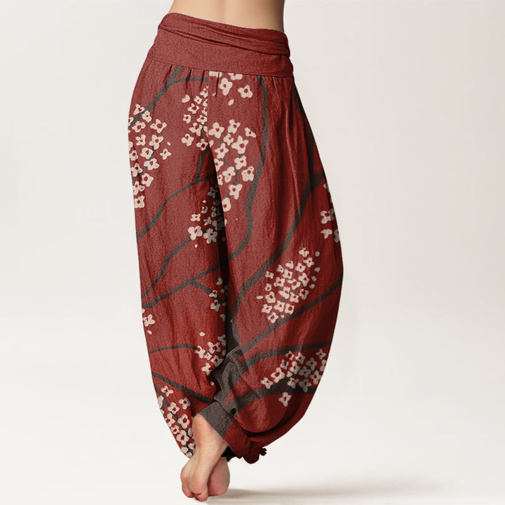 Pantalones bombachos de cintura elástica para mujer, de algodón con estampado de flores de ciruelo y Buddha Stones. - image 1