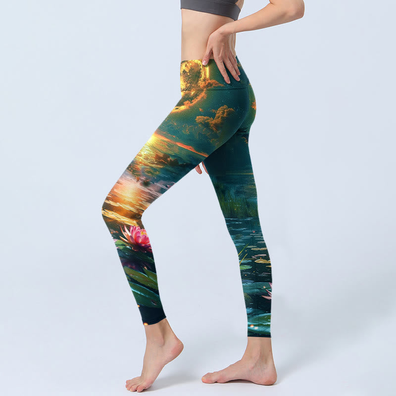 Leggings de yoga para mujer con estampado de hojas, flores de loto y luna llena , Buddha Stones - image 3
