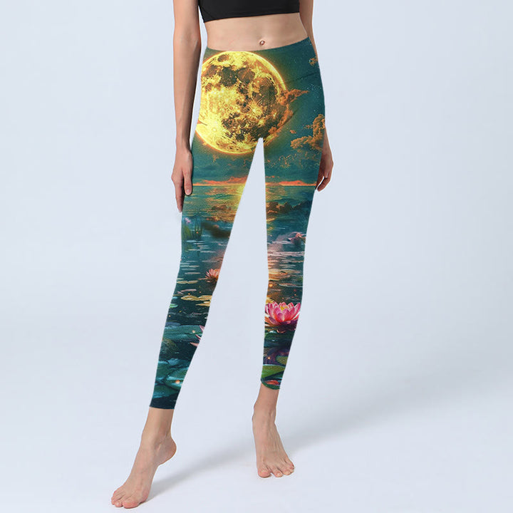 Leggings de yoga para mujer con estampado de hojas, flores de loto y luna llena , Buddha Stones - image 6