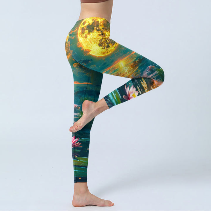 Leggings de yoga para mujer con estampado de hojas, flores de loto y luna llena , Buddha Stones - image 3