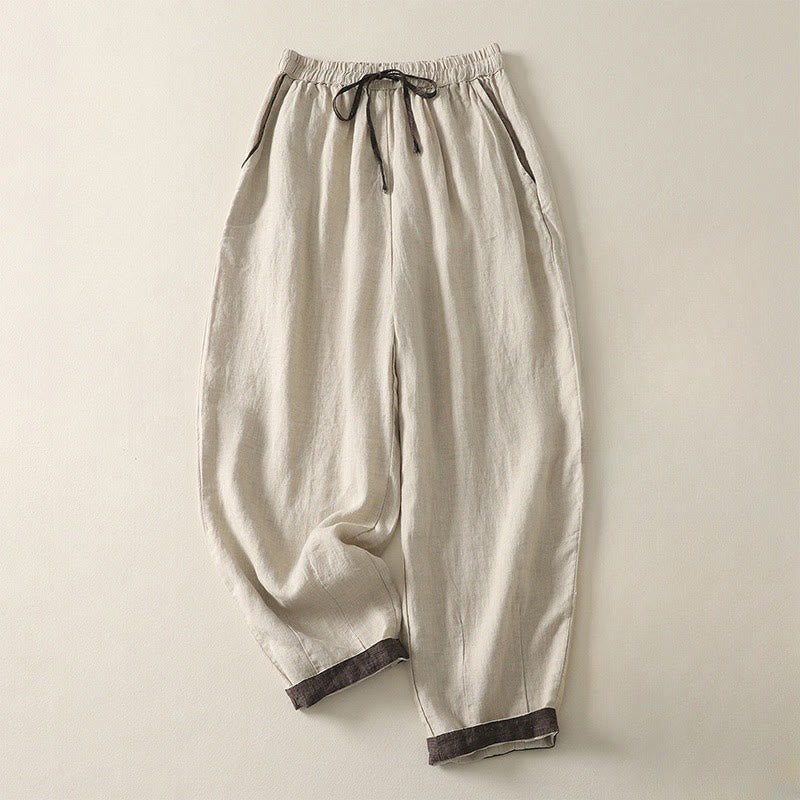 Pantalones harem de mujer con cordón ajustable, color liso, estampado Buddha Stones, estilo casual de verano, para mujer, con bolsillos. - Lino - US8-10，UK/AU12-14，EU40-42 (2XL) - image 0