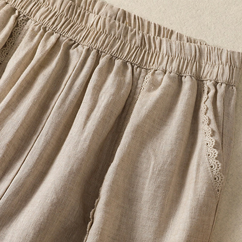 Pantalones harén de lino y algodón para mujer, informales, con diseño de encaje lateral, de Buddha Stones, de largo 7-8 y bolsillos - image 2