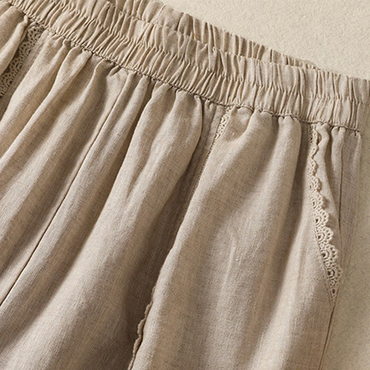 Pantalones harén de lino y algodón para mujer, informales, con diseño de encaje lateral, de Buddha Stones, de largo 7-8 y bolsillos - image 2