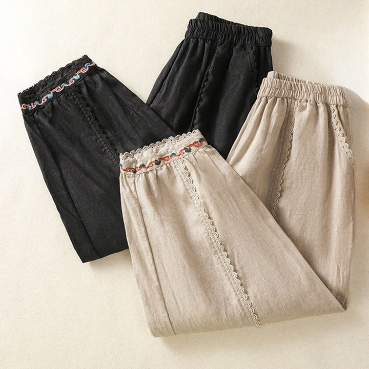 Pantalones harén de lino y algodón para mujer, informales, con diseño de encaje lateral, de Buddha Stones, de largo 7-8 y bolsillos - image 32