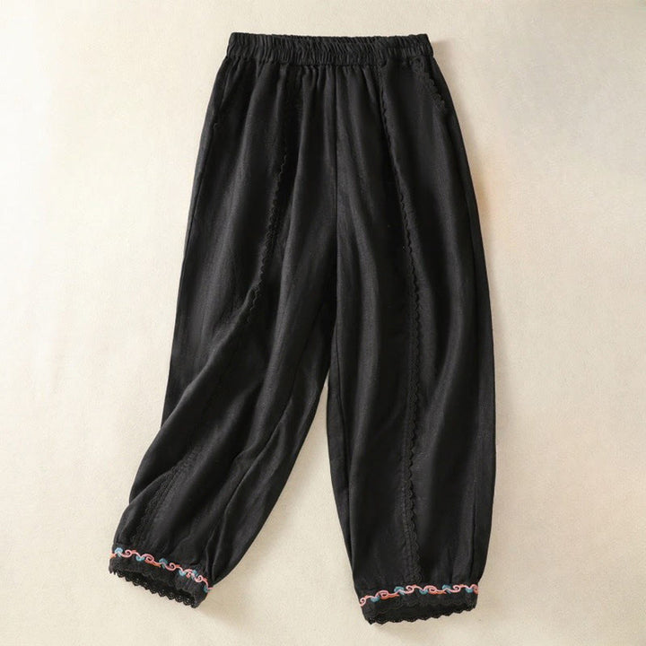 Pantalones harén de lino y algodón para mujer, informales, con diseño de encaje lateral, de Buddha Stones, de largo 7-8 y bolsillos - Negro - US8-10，UK/AU12-14，EU40-42 (2XL) - image 24