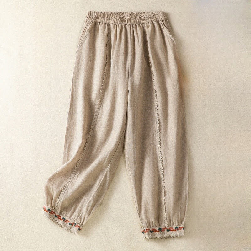 Pantalones harén de lino y algodón para mujer, informales, con diseño de encaje lateral, de Buddha Stones, de largo 7-8 y bolsillos - Vara de oro pálida - US8-10，UK/AU12-14，EU40-42 (2XL) - image 0