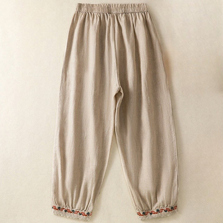 Pantalones harén de lino y algodón para mujer, informales, con diseño de encaje lateral, de Buddha Stones, de largo 7-8 y bolsillos - image 1