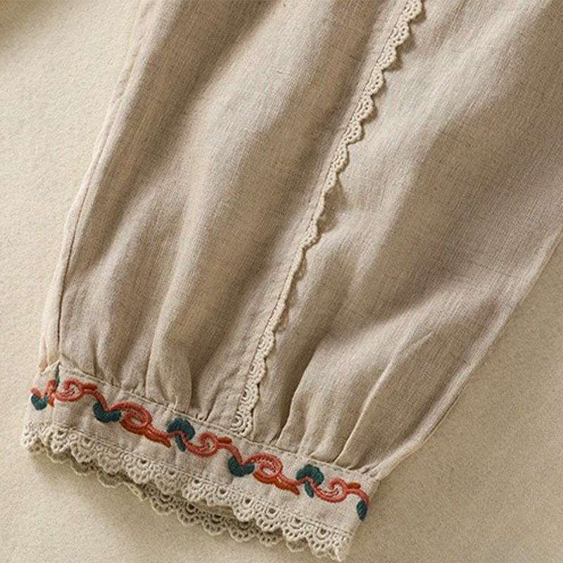 Pantalones harén de lino y algodón para mujer, informales, con diseño de encaje lateral, de Buddha Stones, de largo 7-8 y bolsillos - image 6