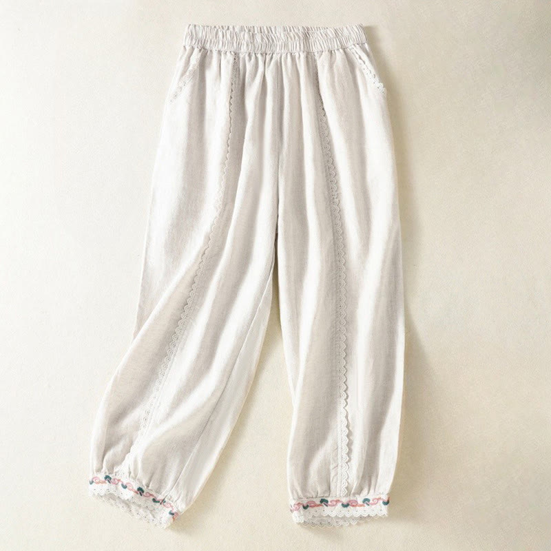 Pantalones harén de lino y algodón para mujer, informales, con diseño de encaje lateral, de Buddha Stones, de largo 7-8 y bolsillos - image 17