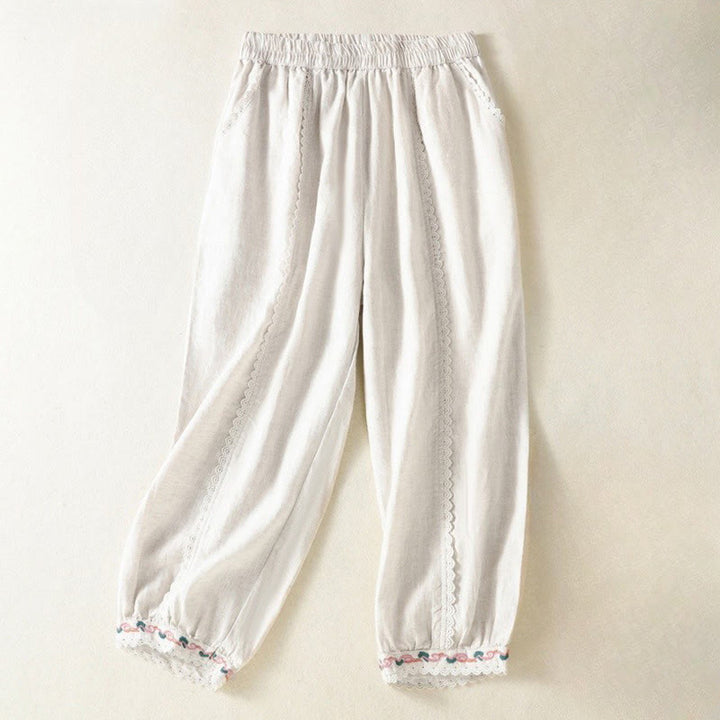 Pantalones harén de lino y algodón para mujer, informales, con diseño de encaje lateral, de Buddha Stones, de largo 7-8 y bolsillos - image 17