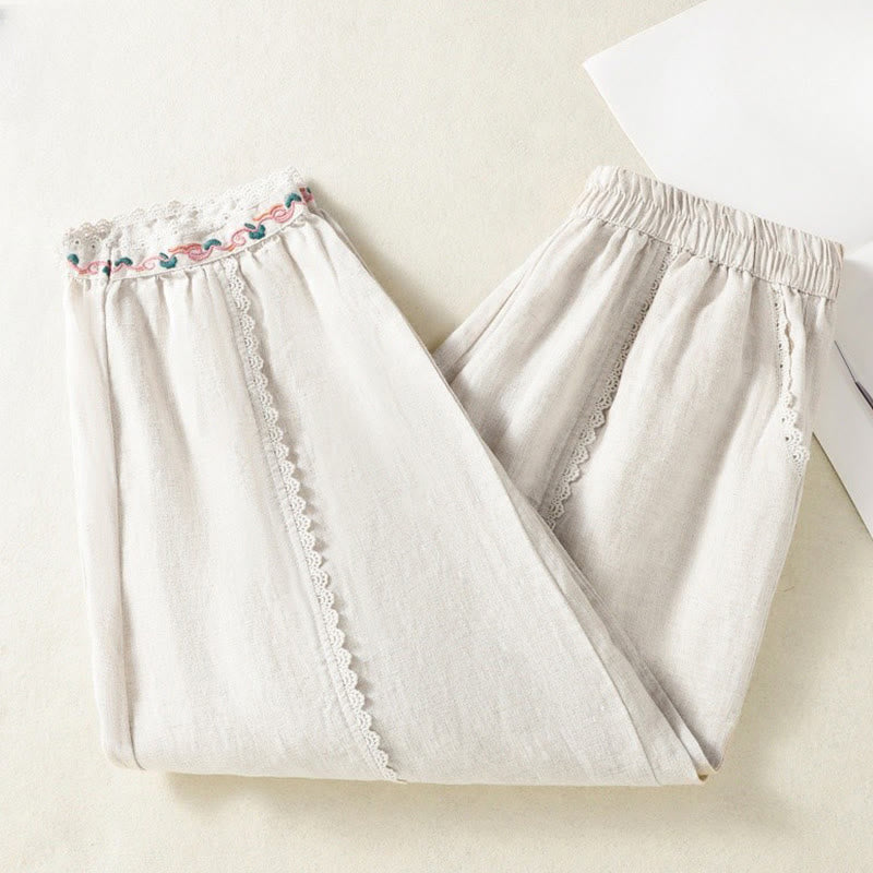 Pantalones harén de lino y algodón para mujer, informales, con diseño de encaje lateral, de Buddha Stones, de largo 7-8 y bolsillos - Beige - US8-10，UK/AU12-14，EU40-42 (2XL) - image 16