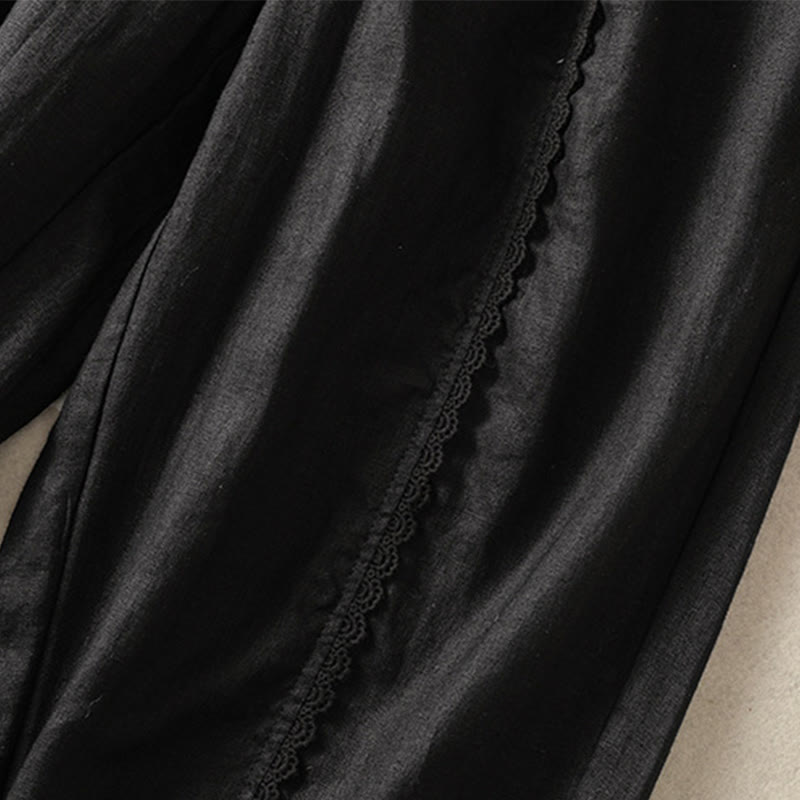 Pantalones harén de lino y algodón para mujer, informales, con diseño de encaje lateral, de Buddha Stones, de largo 7-8 y bolsillos - image 29