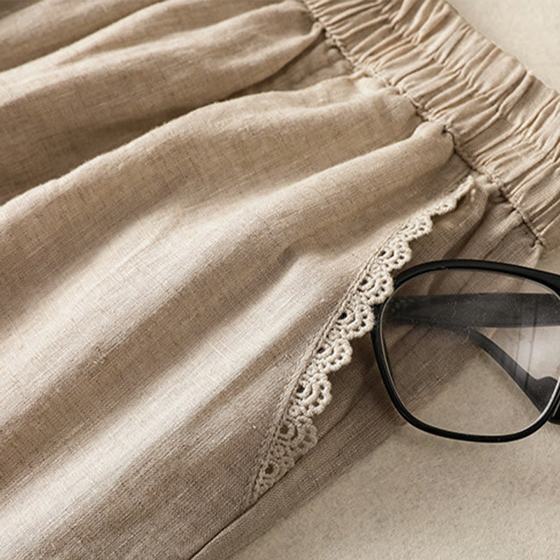 Pantalones harén de lino y algodón para mujer, informales, con diseño de encaje lateral, de Buddha Stones, de largo 7-8 y bolsillos - image 4