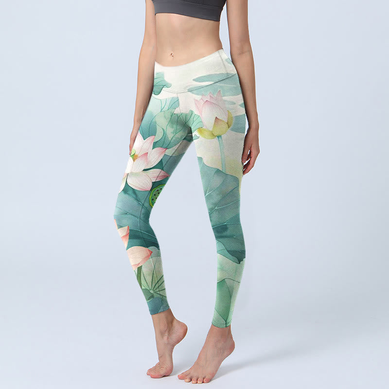 Leggings de yoga para mujer con estampado de Buddha Stones de loto, hojas y vainas de loto - Crema de menta - US18，UK/AU22，EU50 (4XL) - image 0