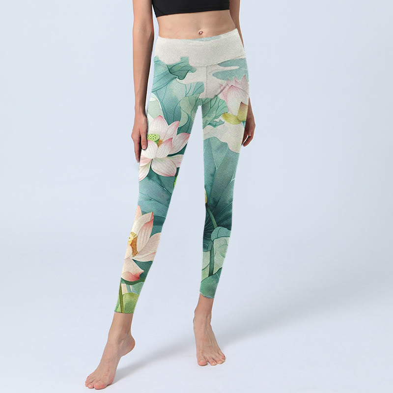 Leggings de yoga para mujer con estampado de Buddha Stones de loto, hojas y vainas de loto - image 6