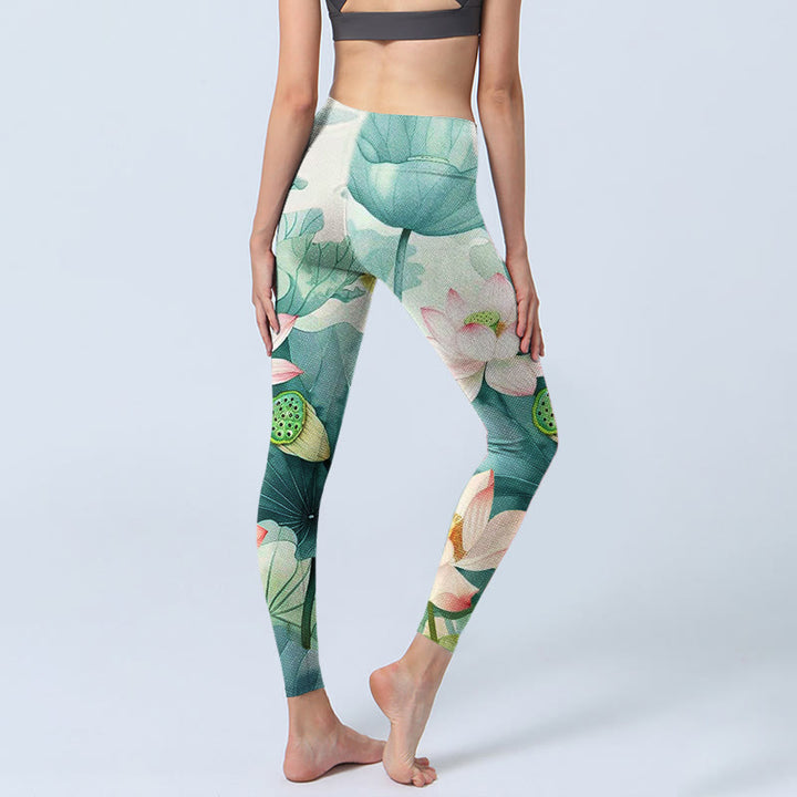 Leggings de yoga para mujer con estampado de Buddha Stones de loto, hojas y vainas de loto - image 3