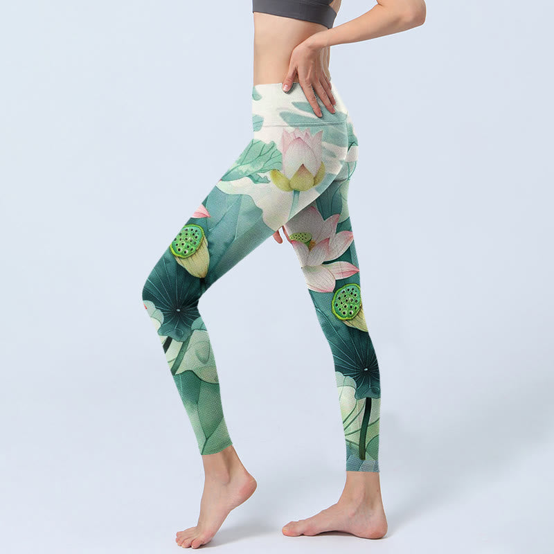 Leggings de yoga para mujer con estampado de Buddha Stones de loto, hojas y vainas de loto - image 3
