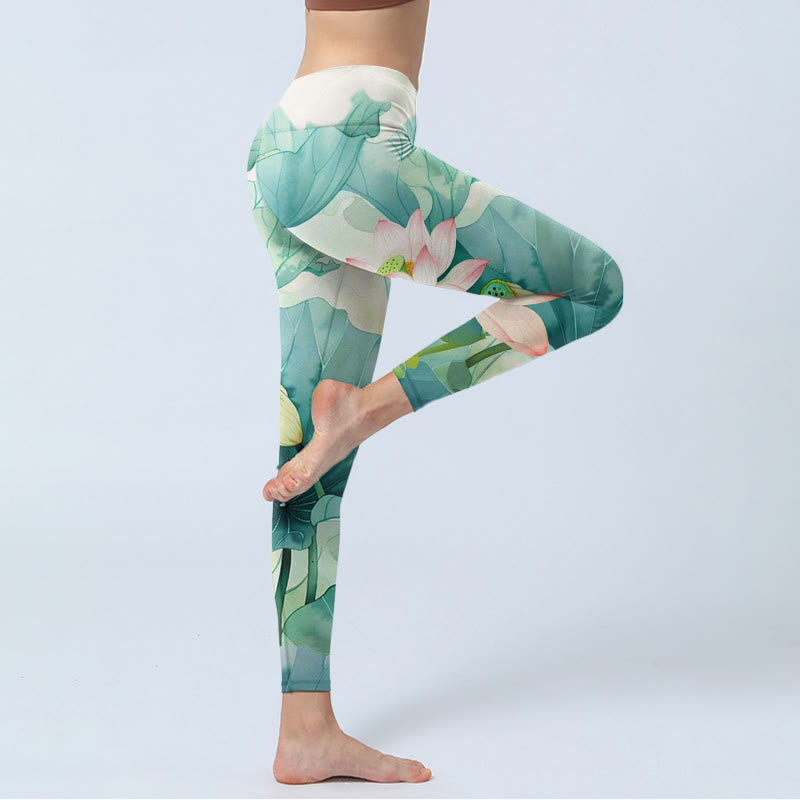 Leggings de yoga para mujer con estampado de Buddha Stones de loto, hojas y vainas de loto - image 4
