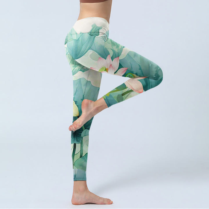 Leggings de yoga para mujer con estampado de Buddha Stones de loto, hojas y vainas de loto - image 4
