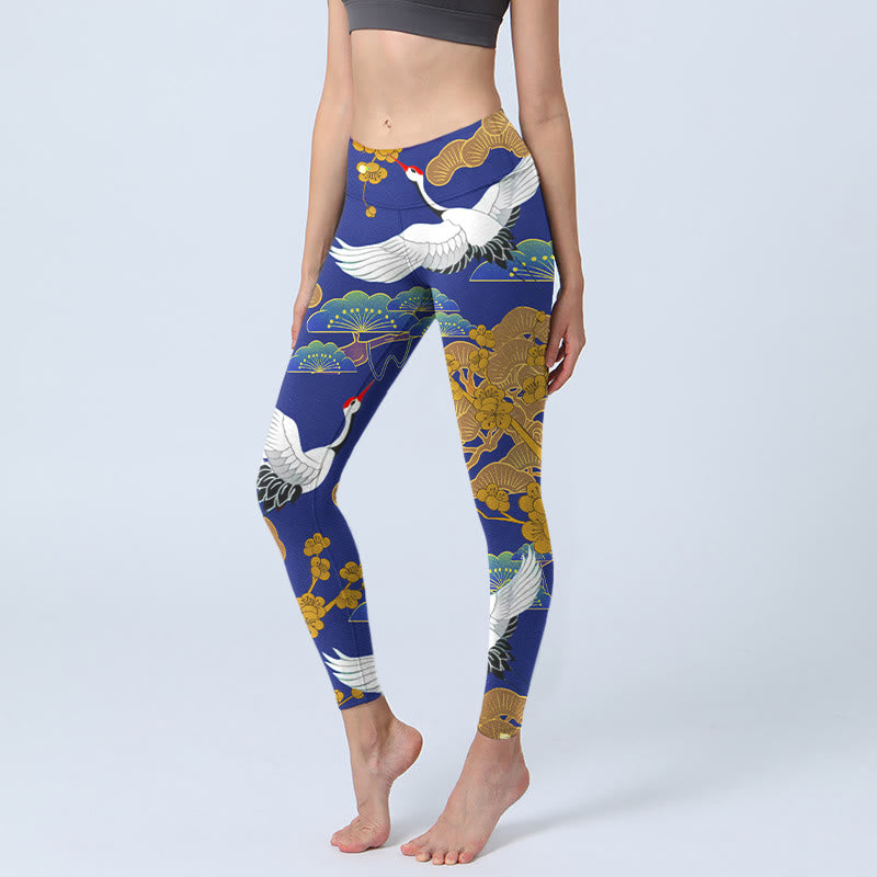 Leggings de yoga para mujer con estampado de flores de pino, grulla de corona roja y piedras de Buddha Stones - Azul medio - US18，UK/AU22，EU50 (4XL) - image 1