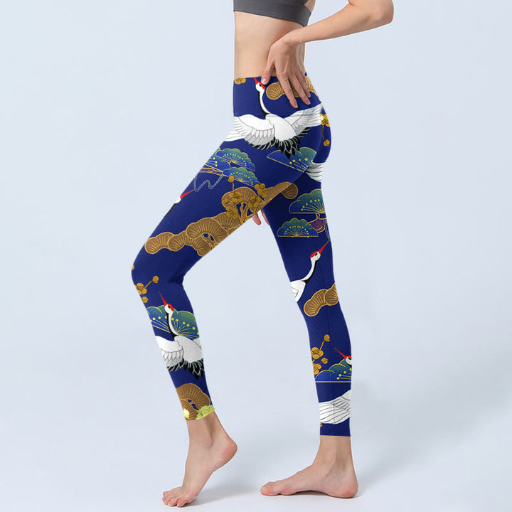 Leggings de yoga para mujer con estampado de flores de pino, grulla de corona roja y piedras de Buddha Stones - image 3