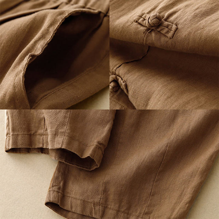 Pantalones harén de lino y algodón para mujer, informales, con diseño de botones de rana, de Buddha Stones, de largo 7-8 y bolsillos - image 2