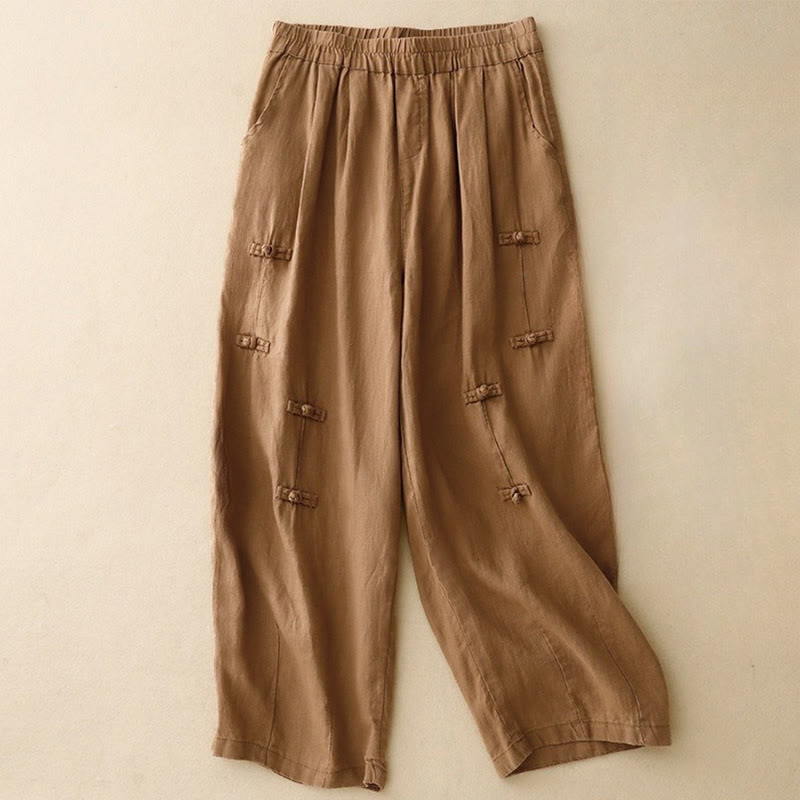 Pantalones harén de lino y algodón para mujer, informales, con diseño de botones de rana, de Buddha Stones, de largo 7-8 y bolsillos - Perú - US8-10，UK/AU12-14，EU40-42 (2XL) - image 0