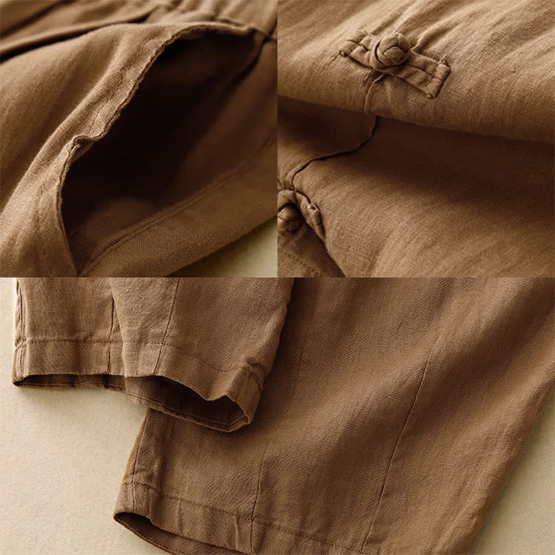 Pantalones harén de lino y algodón para mujer, informales, con diseño de botones de rana, de Buddha Stones, de largo 7-8 y bolsillos - image 2