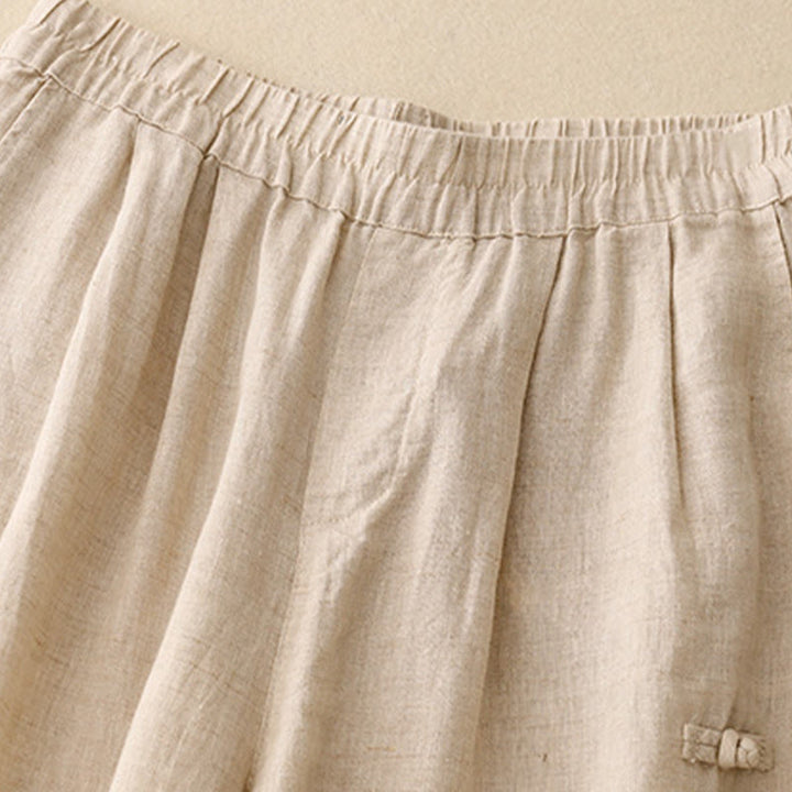 Pantalones harén de lino y algodón para mujer, informales, con diseño de botones de rana, de Buddha Stones, de largo 7-8 y bolsillos - image 9