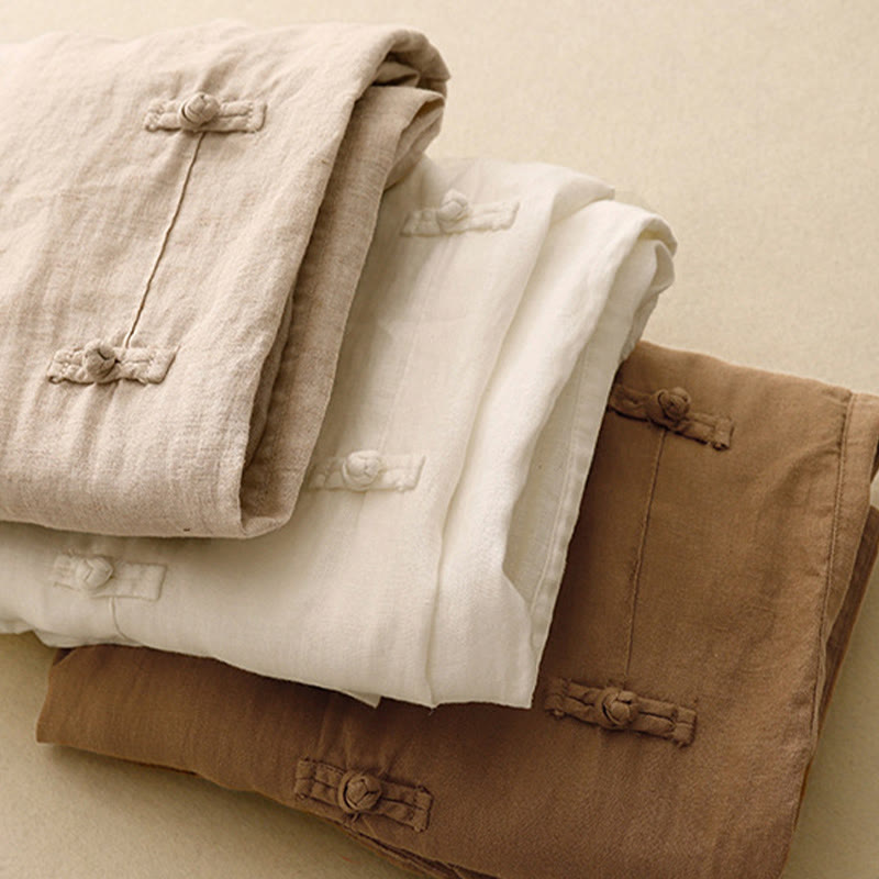 Pantalones harén de lino y algodón para mujer, informales, con diseño de botones de rana, de Buddha Stones, de largo 7-8 y bolsillos - image 19